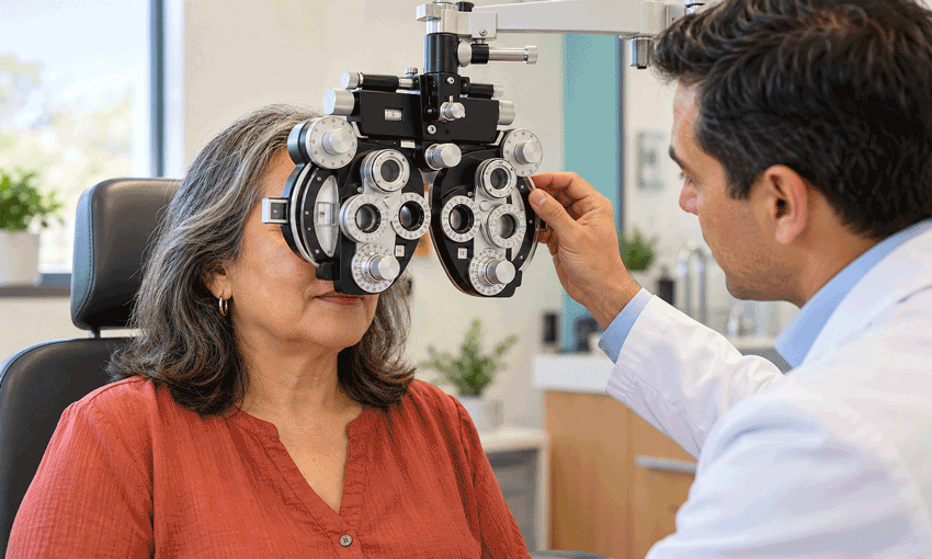 Woman undergoing an eye exam for blurry vision causes and treatment, illustrating care at M&M Eye Institute.