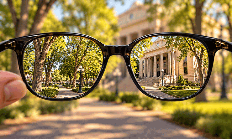 Glasses show Prescott’s courthouse in sharp focus against a blurred plaza, illustrating blurry vision causes and treatment for M&M Eye Institute.