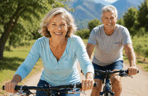 Senior couple on a bike ride after treating the early signs of cataracts at M&M Eye Institute.