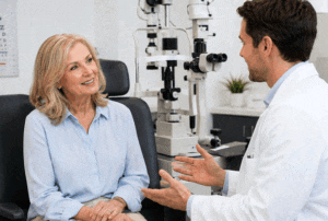 Senior woman in an comprehensive eye exam for the early signs of cataracts at M&M Ey Institute.