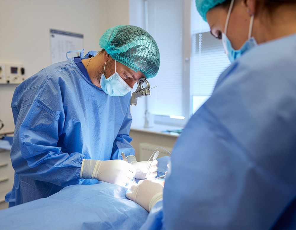 Surgeon giving cornea transplant to patient in welcoming environment.