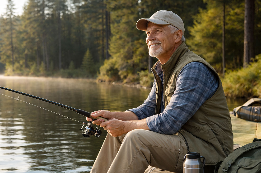 Older man fishing on a forest lake after corneal transplant at M & M Eye Institute