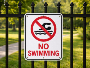 No swimming sign mounted on a black metal fence in a park.