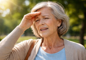 Senior woman shielding her eyes from bright sun, showing light sensitivity after her corneal transplant recovery at M & M Eye Institute.