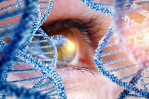 Is Glaucoma Hereditary? Close-up of a human eye framed by translucent DNA strands representing genetic risk factors