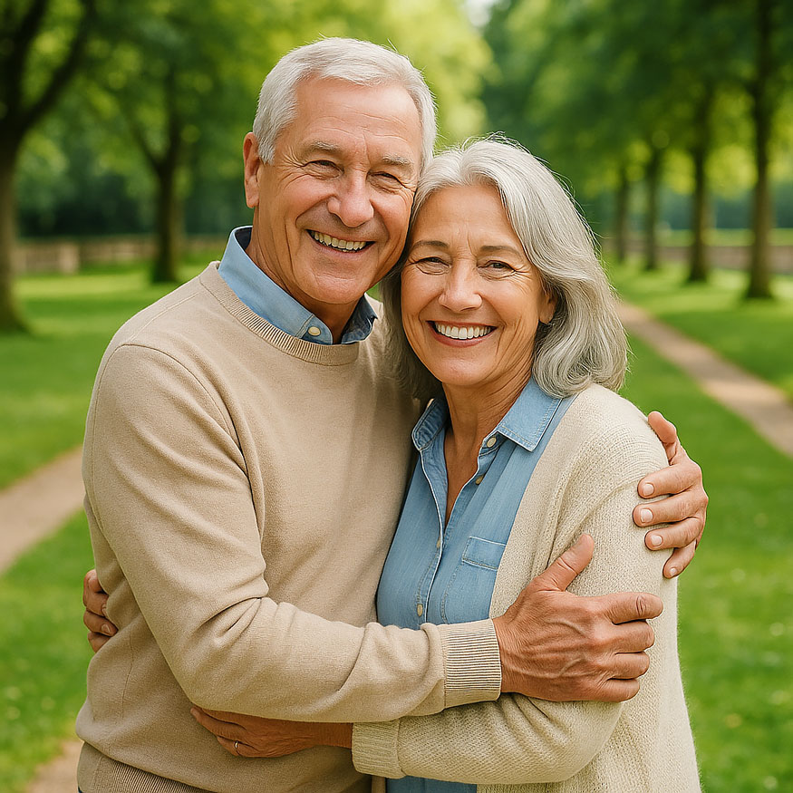 cataract surgery — attractive senior couple standing side by side, embracing and smiling in a lush French park