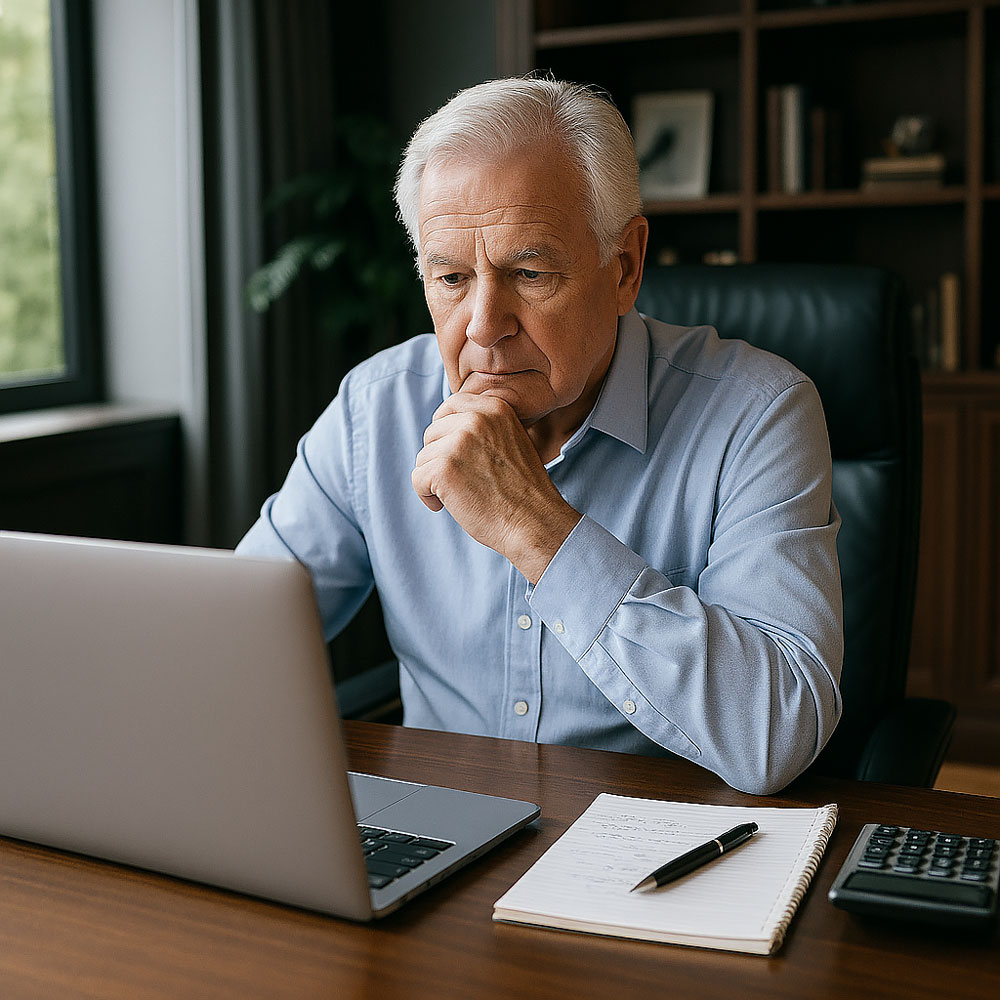 cataract surgery — senior Caucasian man researching surgery costs on a laptop at a modern executive desk with notepad and calculator