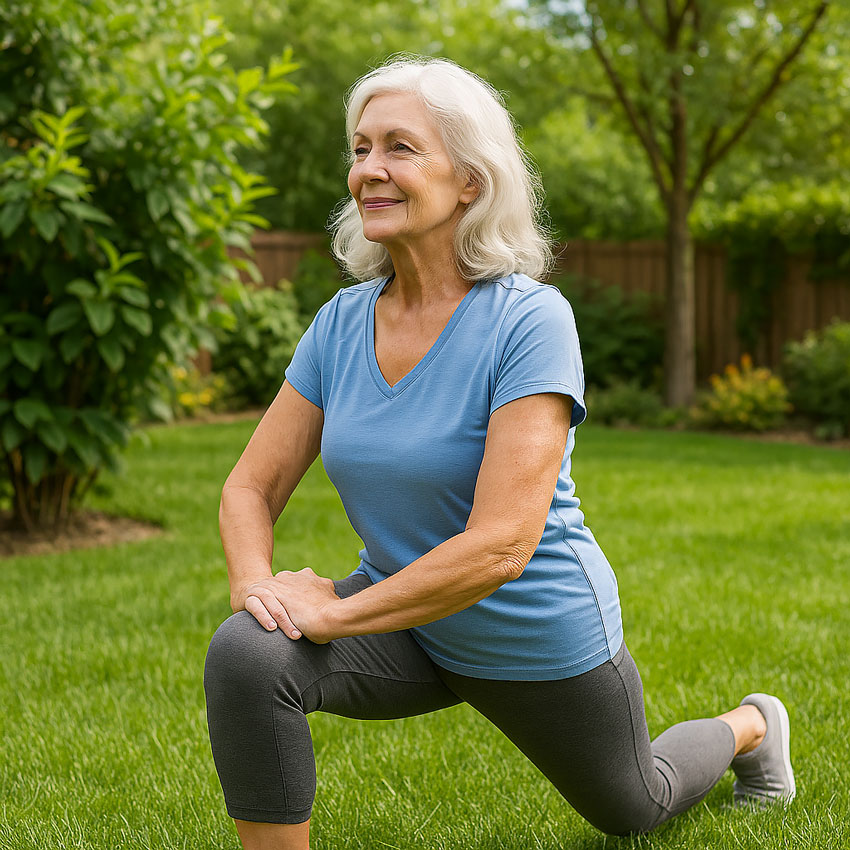 cataract surgery — senior Caucasian woman in a candid yoga lunge outside in a lush backyard
