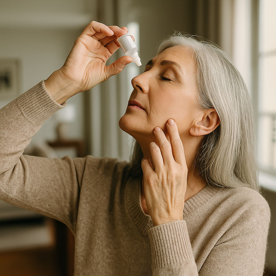 cataract surgery — Caucasian woman in profile tilting her head back to put in post-op eye drops in an upscale living room