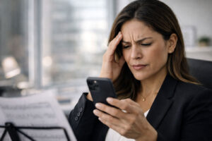 Female CEO suffereing from Presbyopia symtoms before treatment at M&M Eye Institute.