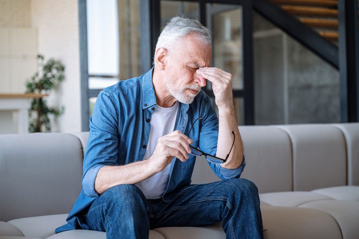 Man sitting on couch needing dry eye treatment.