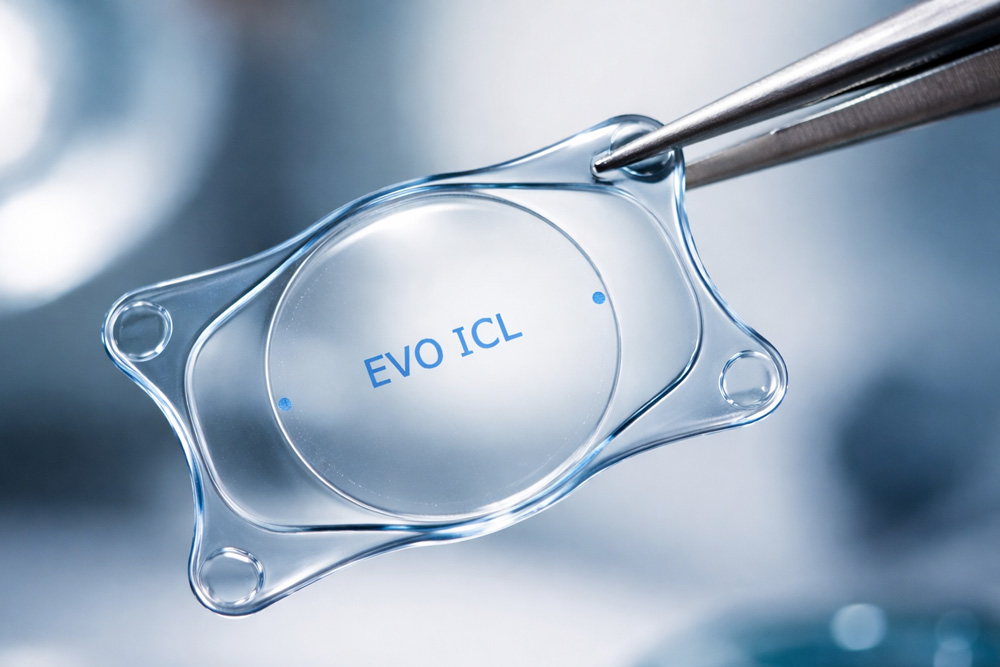 Up-close macro image of an EVO ICL (Implantable Collamer Lens) held with surgical tweezers, showing the clear, flexible lens design against a softly blurred clinical background.
