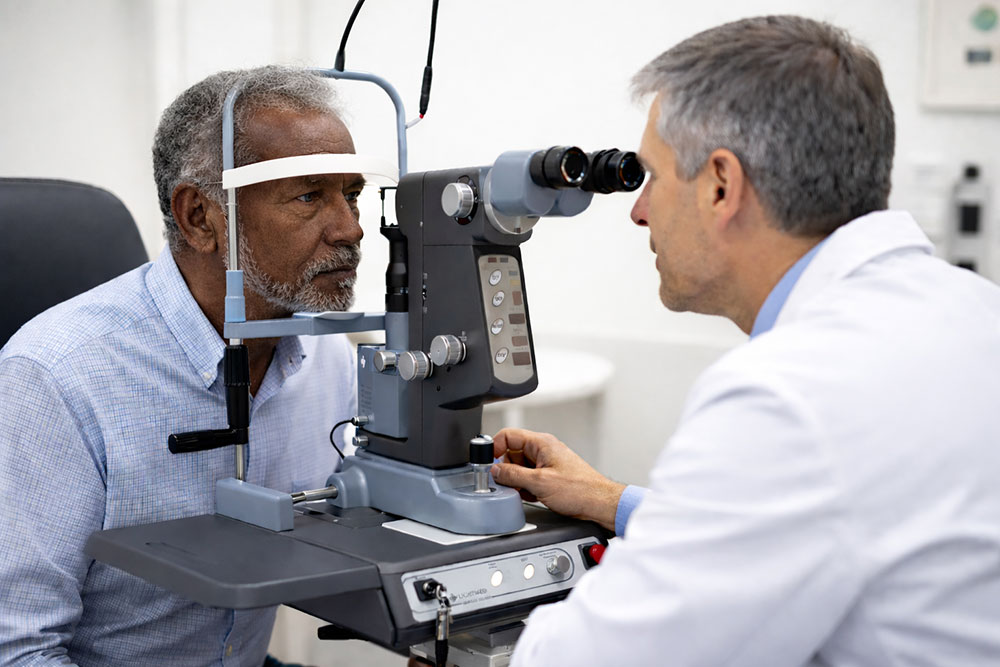 Older African American patient receiving selective laser trabeculoplasty (SLT) treatment during a slit lamp eye exam with an ophthalmologist.