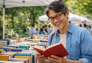Man shopping at an outdoor book fair after myopia treatment from M&M Eye Institute.