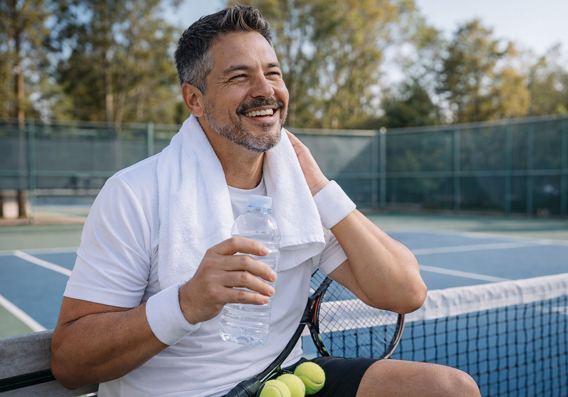 Man enjoying a break from tennis after his farsightedness treatment at M&M Eye Institute in Prescott Valley, Arizona