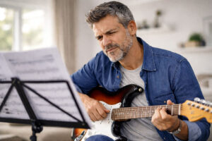 Man squinting to read his sheet music is suffering from presbyopia symptoms before his comprehensive eye exam at M&M Eye Institute.