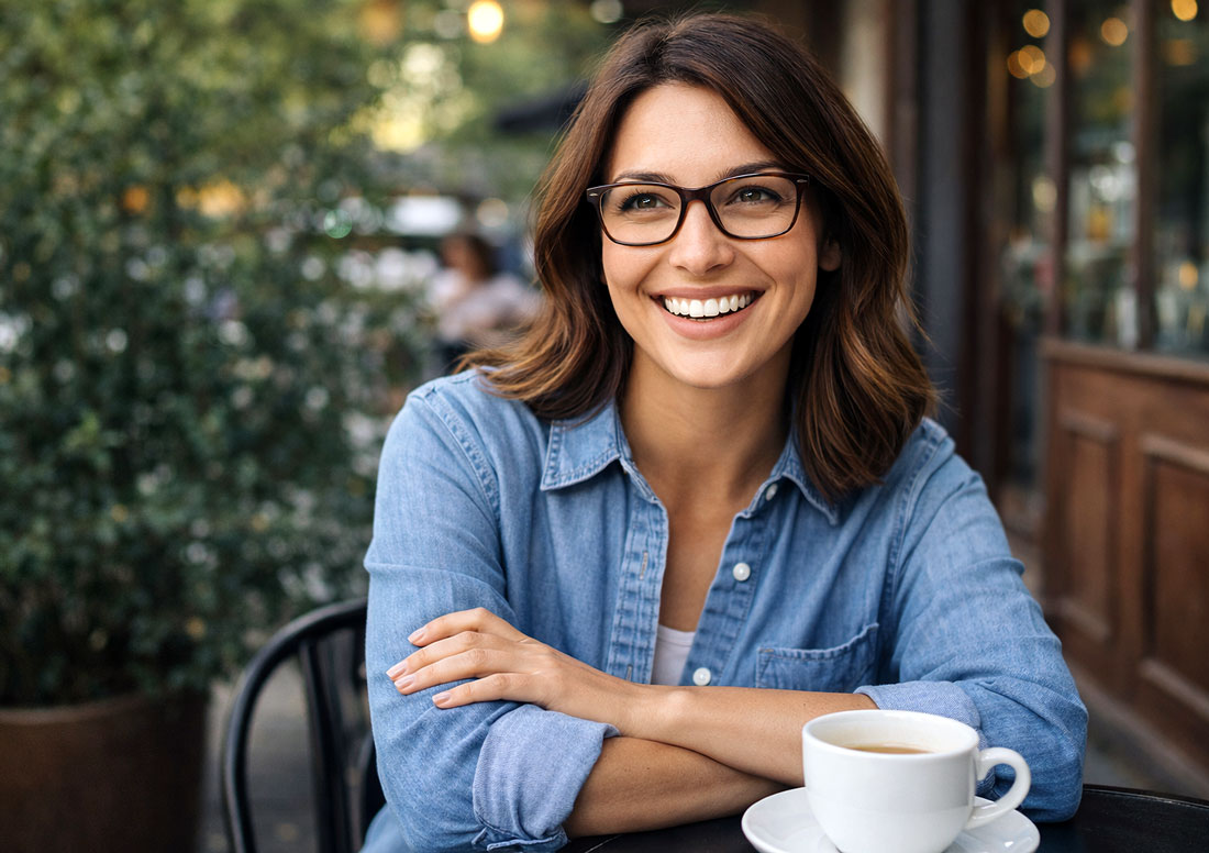 Smiling woman at a bistro happy after her myopia treatment from M&M Eye Institute.
