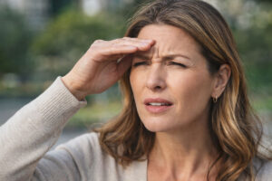 Woman squinting is showing signs she might need farsightedness treatment with M&M Eye Institute.