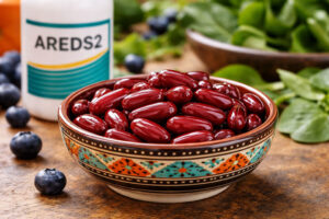 Southwestern bowl of AREDS2 supplements for eye health learned from M&M Eye Institute iin Prescott, Arizona.