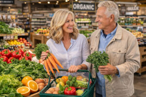 Senior copule shopping for eye healthy foods at a local organic grocer in Prescott, Arizona, after learning more about eye healthy fooods at M&M Eye Institute.