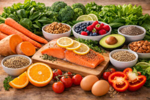 Eye healthy foods displayed appealingly, from M&M Eye Institute, in Prescott, Arizona.