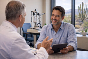 Man with digital eye strain issues having a consultation at M&M Eye Institute in Prescott, Arizona.
