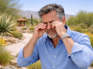 Middle aged man suffereing from itchy eye issues who needs treatment from M&M Eye Institute in Prescott, Arizona.