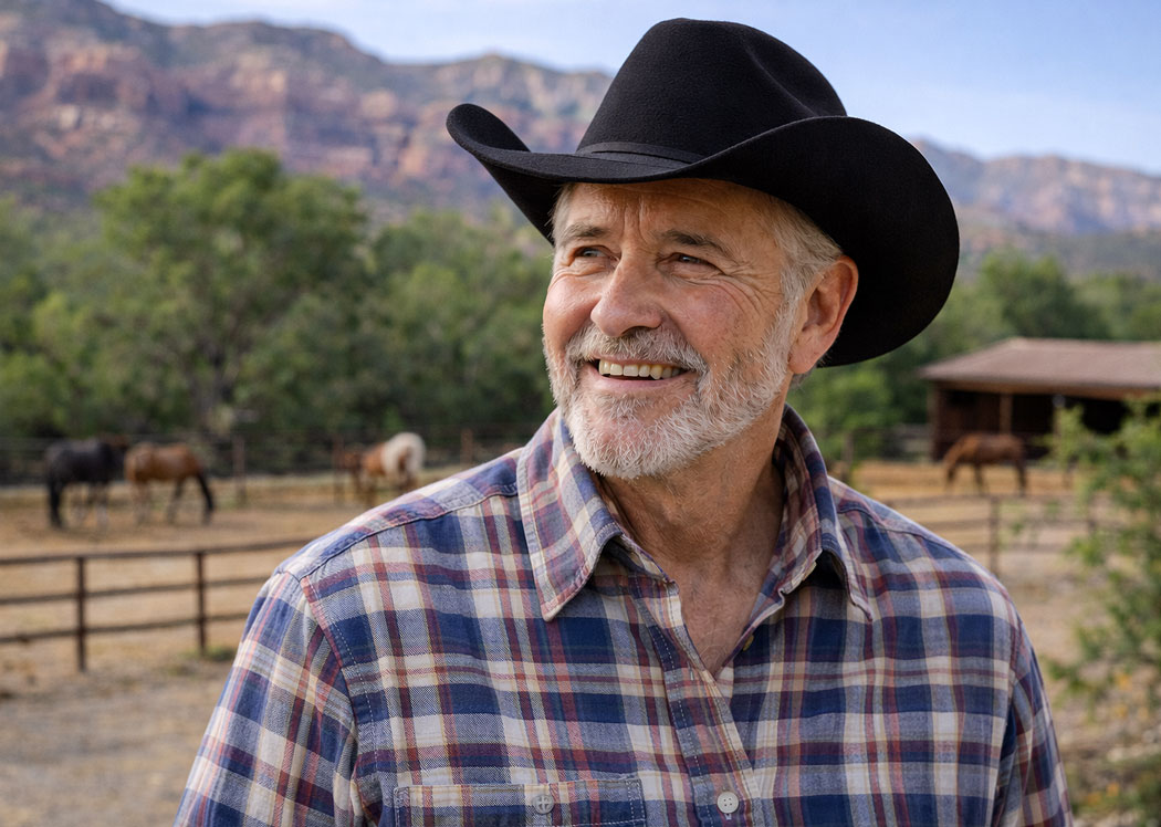 Senior man on his ranch again, after dry eye streatment for his itchy eye at M&M Eye Institute.