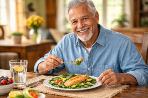 Senior Hispanic man eating eye healthy foods rich with OMEGA 3s after learningmore at M&M Eye Institute in Prescott, Arizona.