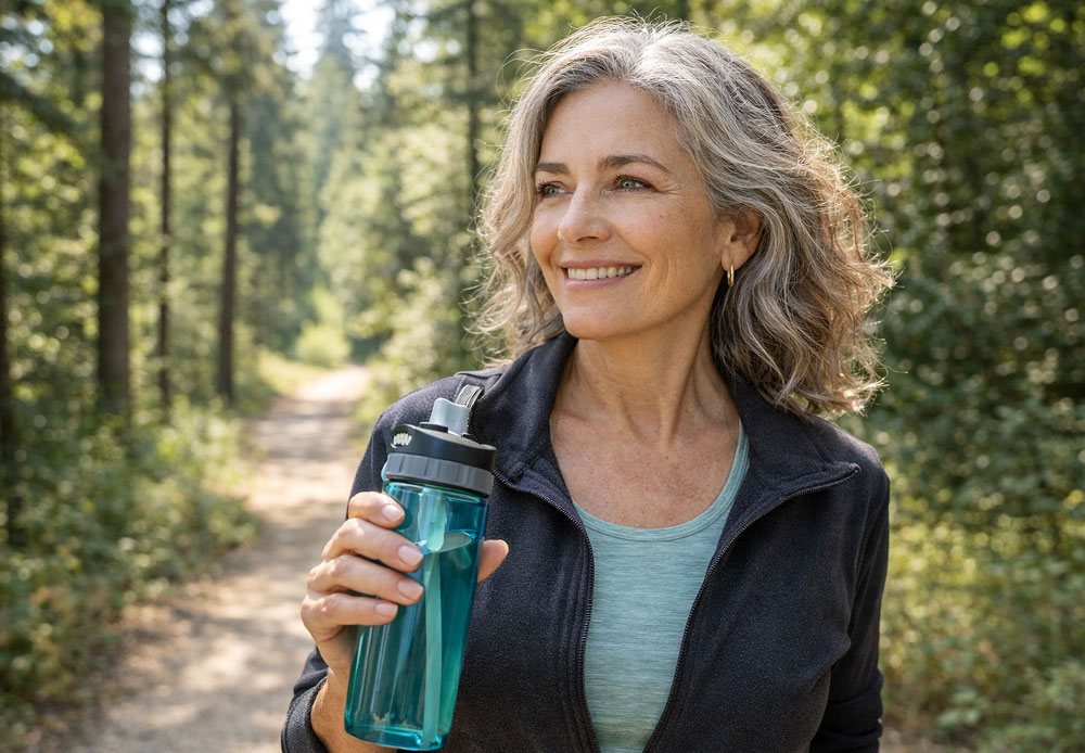 Senior woman hiking comfortably after Blepharitis treatment from M&M Eye Institute in Prescott, Arizona.