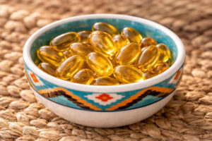 Southwestern styled bowl containing vitamin e gel capsules for eye health at M&M Eye Institute in Prescot, Arizona.