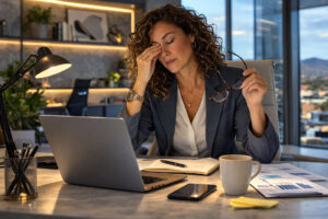 Executive woman suffering from digital eye strain before treatment at M&M Eye Institute, in Prescott, Arizona.
