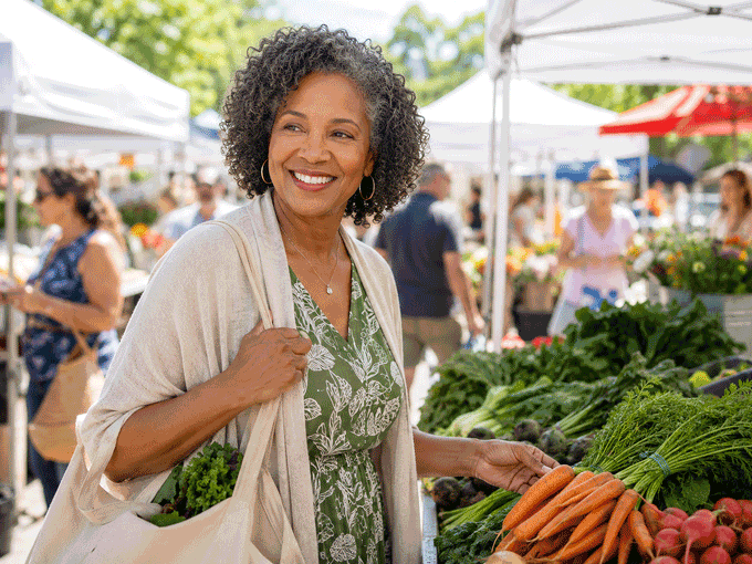 60-year-old woman smiling while shopping at an outdoor farmers market, illustrating active daily life after minimally invasive glaucoma surgery care at M & M Eye Institute.