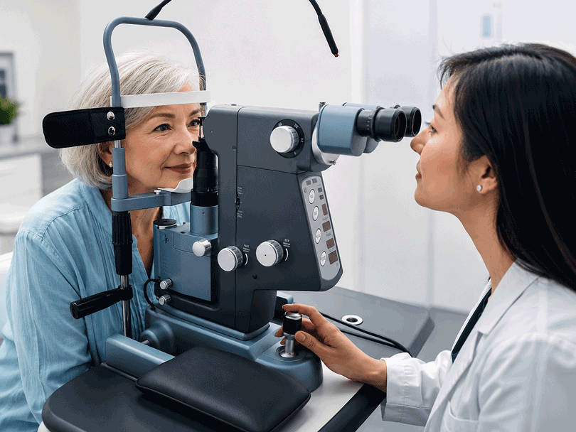 Senior woman receiving glaucoma testing from an eye doctor, illustrating minimally invasive glaucoma surgery evaluation at M & M Eye Institute.