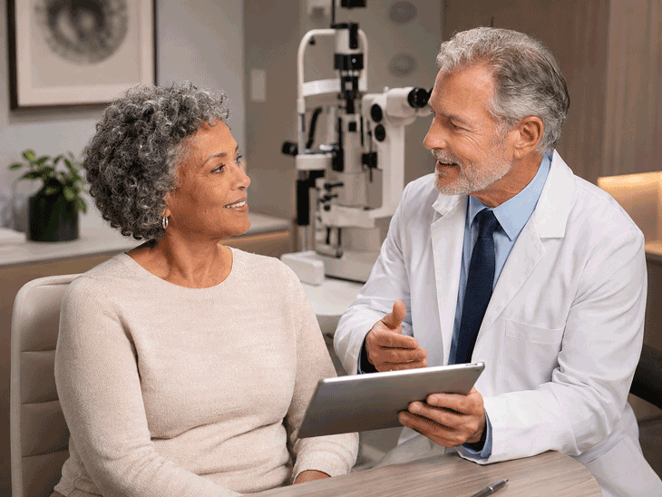 Eye surgeon discussing MIGS with a 65-year-old patient during a consultation, illustrating minimally invasive glaucoma surgery at M & M Eye Institute.