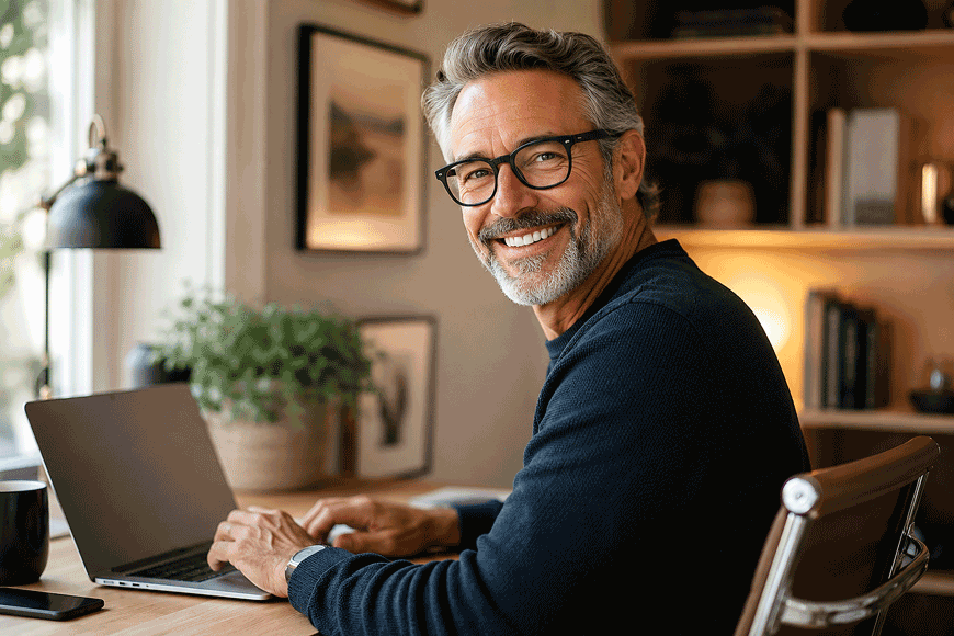 60-year-old man smiling while researching eye care options on a laptop in a warm home office, illustrating minimally invasive glaucoma surgery for M & M Eye Institute.