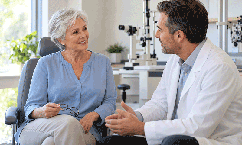 Older woman in a soft blue blouse holding reading glasses and talking with an eye doctor in an exam room.