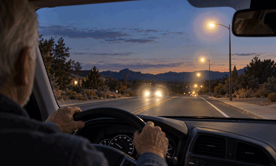 View over an older driver’s shoulder through a windshield at dusk, with glare around oncoming headlights and glowing streetlights.