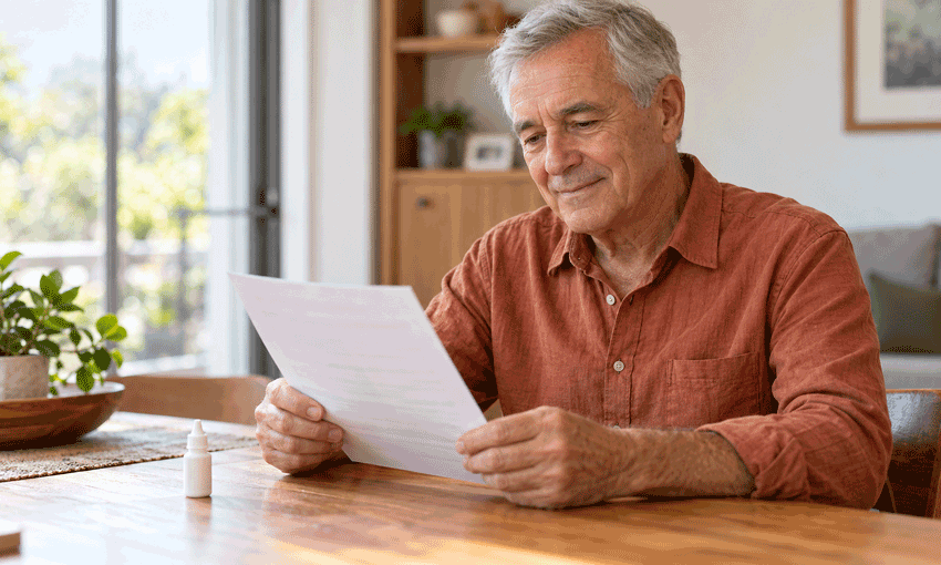 Older man reviewing instructions for managing pain after cataract surgery at home, with eye drops on the table.