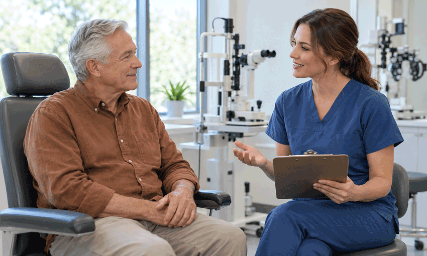 Older man discussing recovery and pain after cataract surgery with a eye care professional in blue scrubs at M&M Eye Institute in Prescott, Arizona.